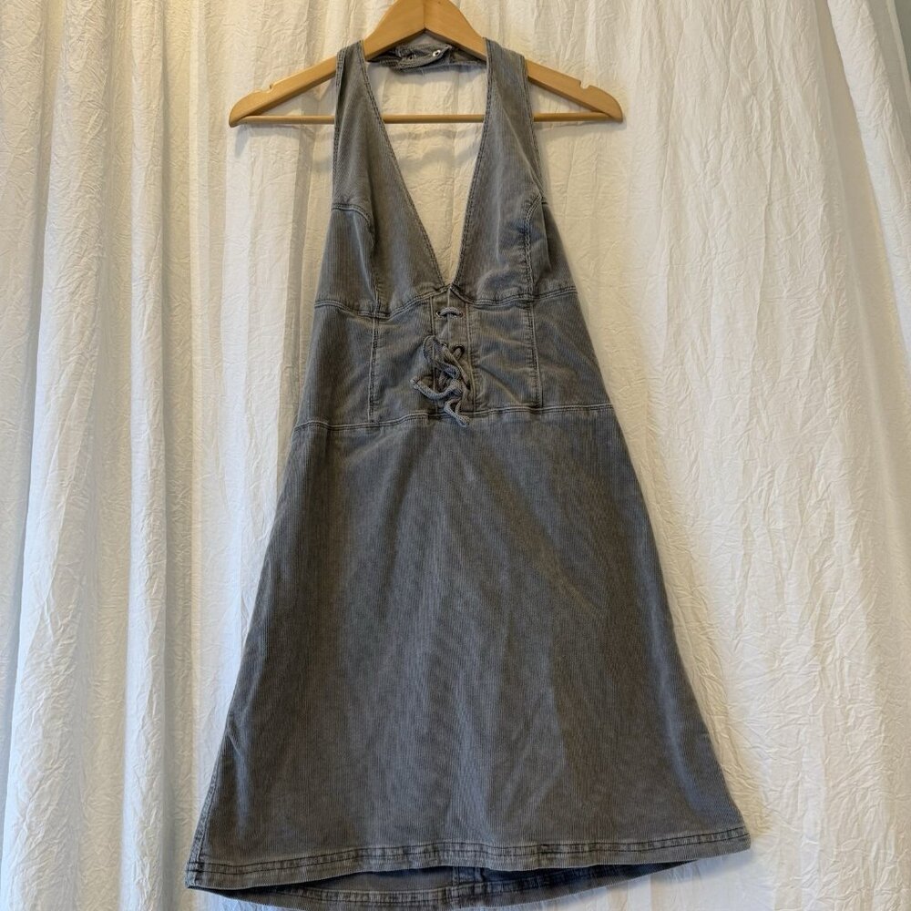Urban Outfitters Alejandra Grey Corduroy Halter Open Back Mini Dress Size Large‎